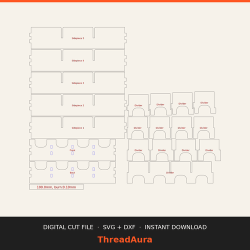 Adjustable Divider Tray — SVG & DXF Cut Files — actual design preview, ThreadAura digital cut file