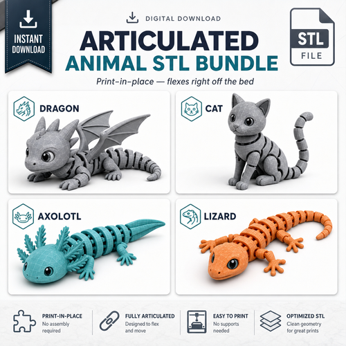Articulated Animal STL Bundle - Dragon, Cat, Axolotl, Lizard - instant download, print-in-place