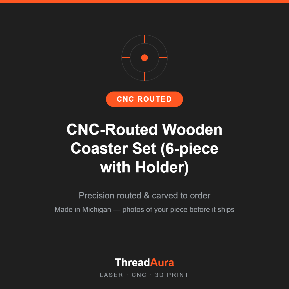 CNC-Routed Wooden Coaster Set (6-piece with Holder) — CNC routed, made to order by ThreadAura