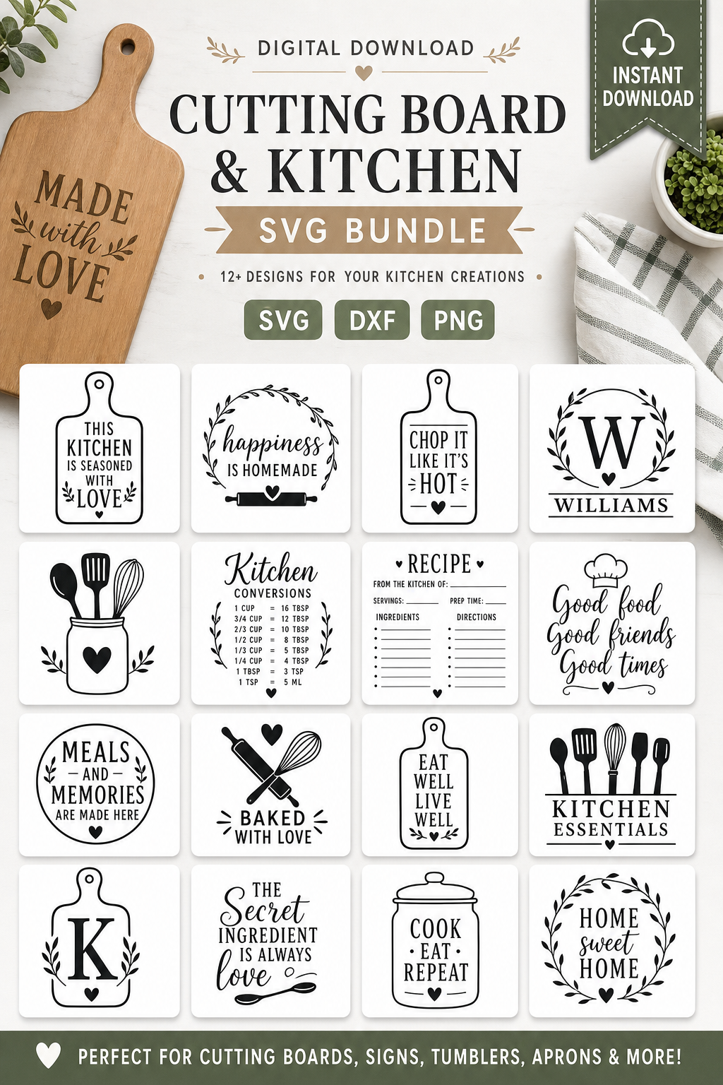 Cutting Board and Kitchen SVG Bundle - instant digital download, SVG DXF PNG