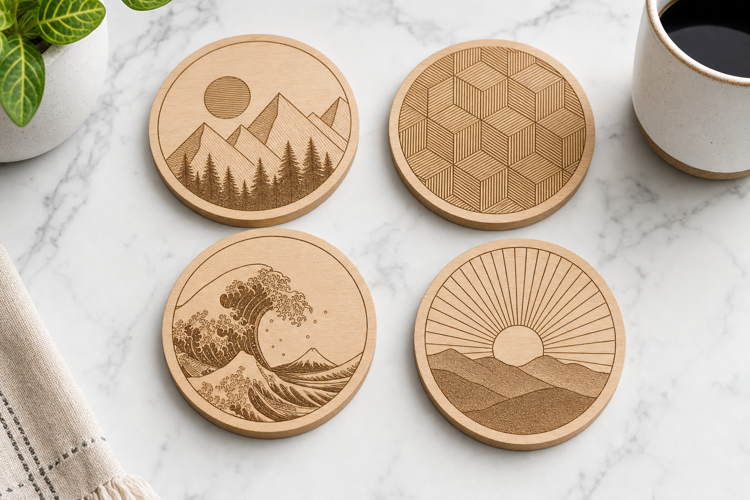 Laser Engraved Coaster Set — Slate or Wood