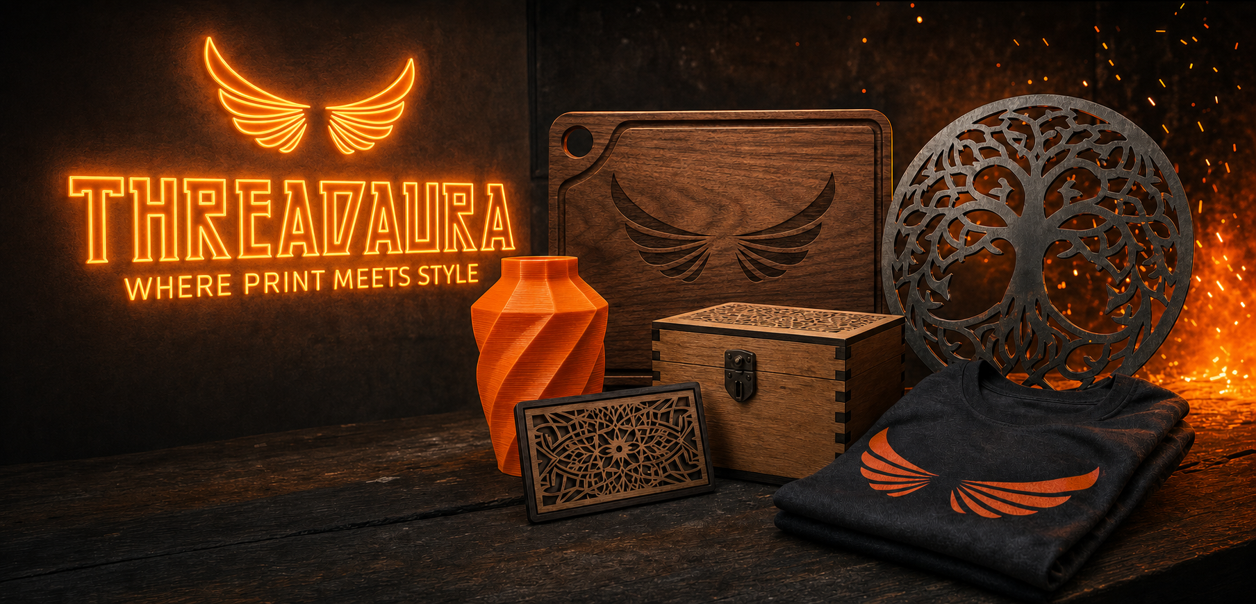 ThreadAura craft range: laser-engraved wood, metal art, 3D prints, and apparel